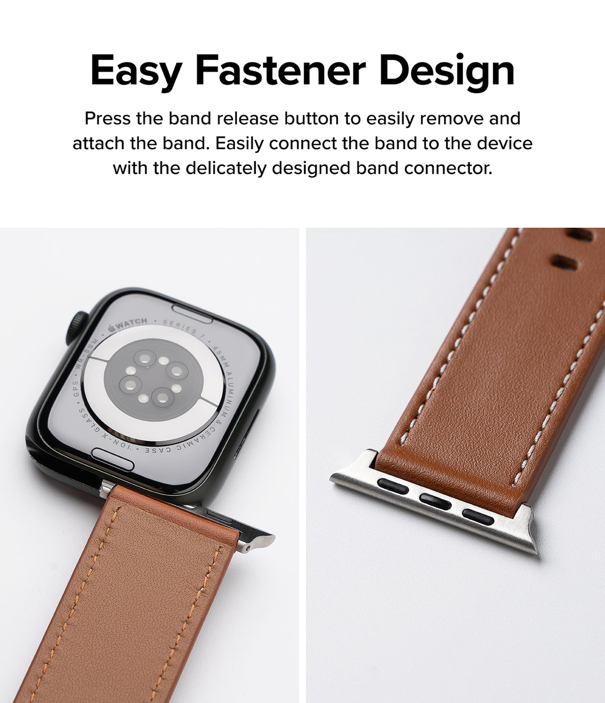 Apple Watch 49·46·45·44·42mm | Leather One Basic Bold - Close-up of a brown leather watch band attaching to an Apple Watch.