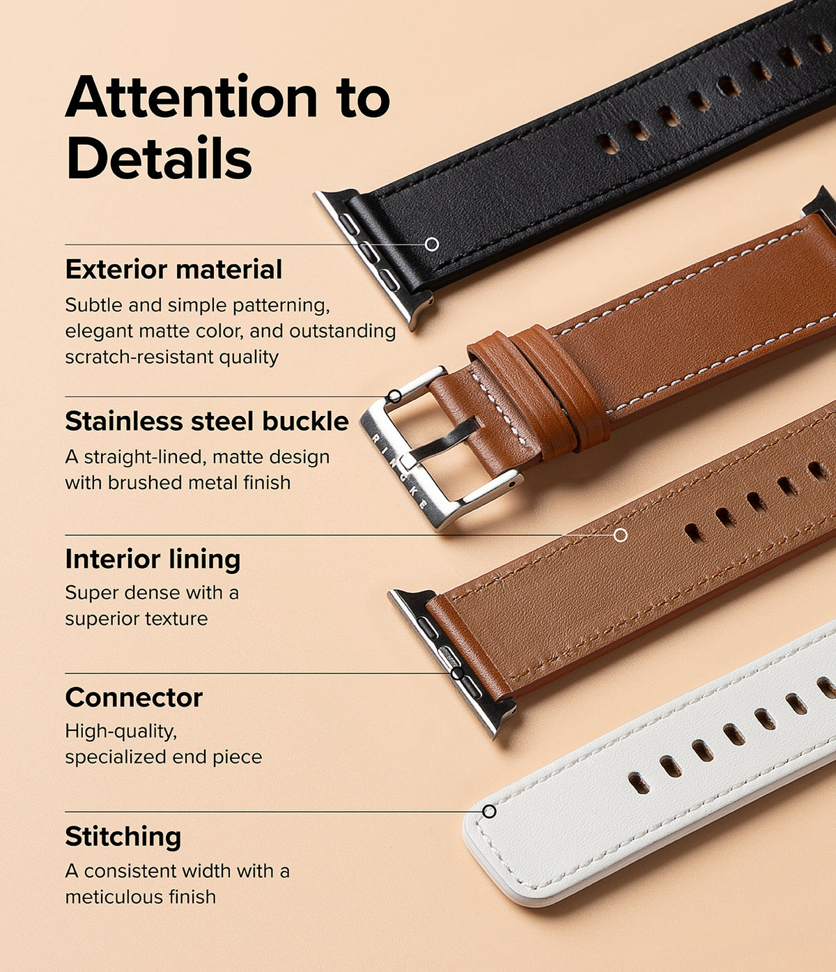 Apple Watch 49·46·45·44·42mm | Leather One Basic Bold - Infographic showing leather watch strap features and details.