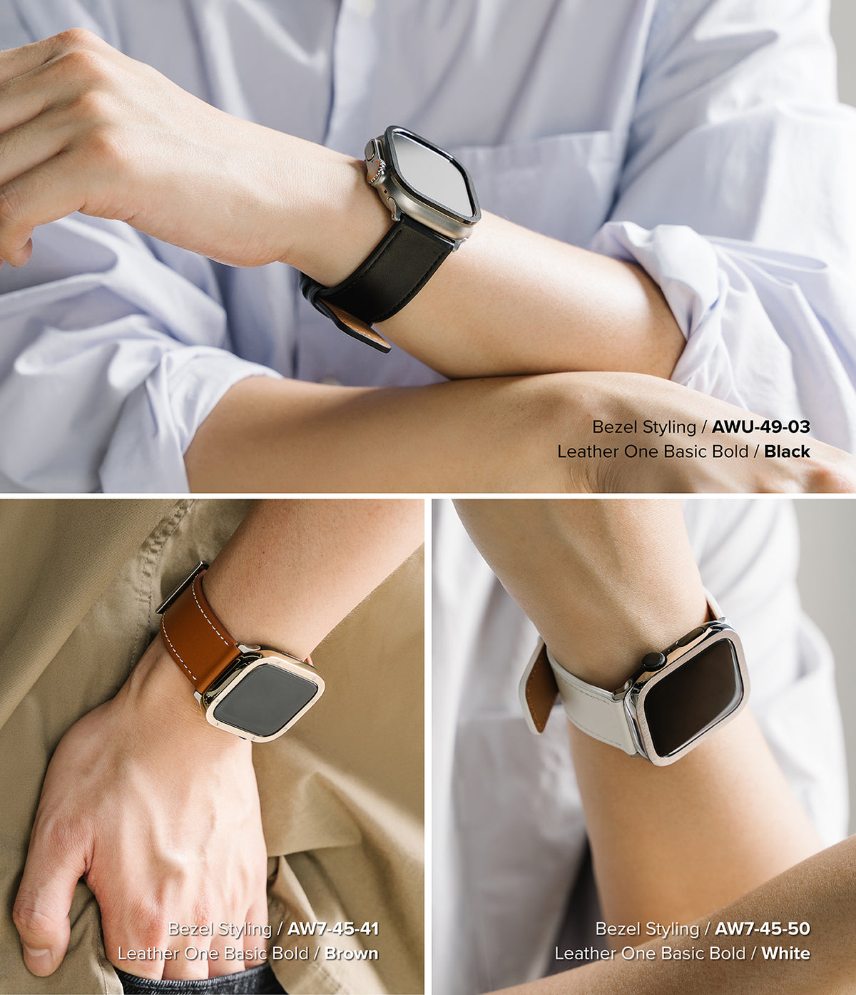 Apple Watch 49·46·45·44·42mm | Leather One Basic Bold - Three wrists wearing Apple Watches with black, brown, and white leather bands and metallic bezels.