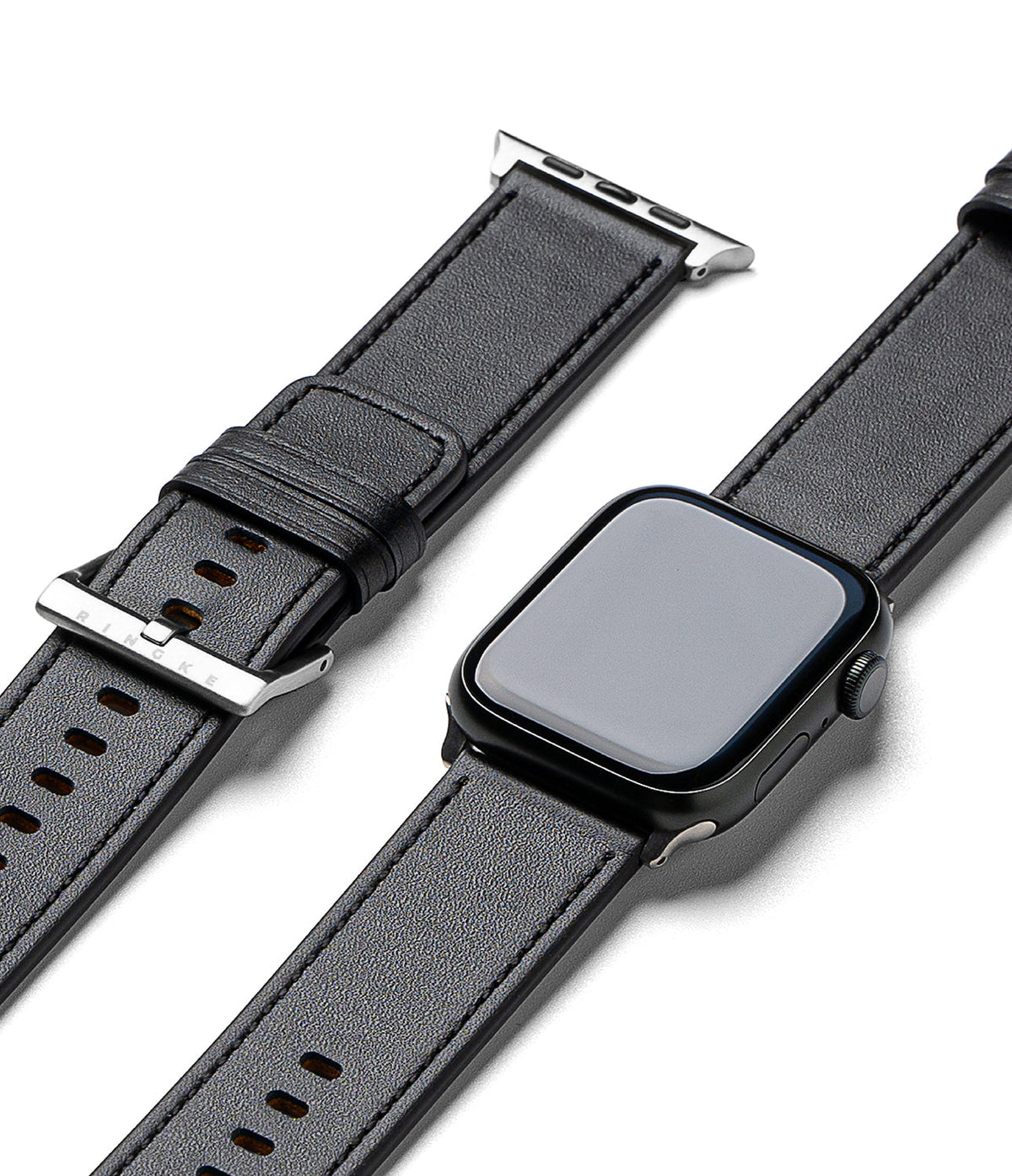 Apple Watch 49·46·45·44·42mm | Leather One Basic Bold - Black leather watch band with silver buckle and Apple Watch.