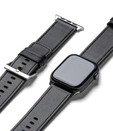 Apple Watch 49·46·45·44·42mm | Leather One Basic Bold - Black leather watch band with silver buckle and Apple Watch.