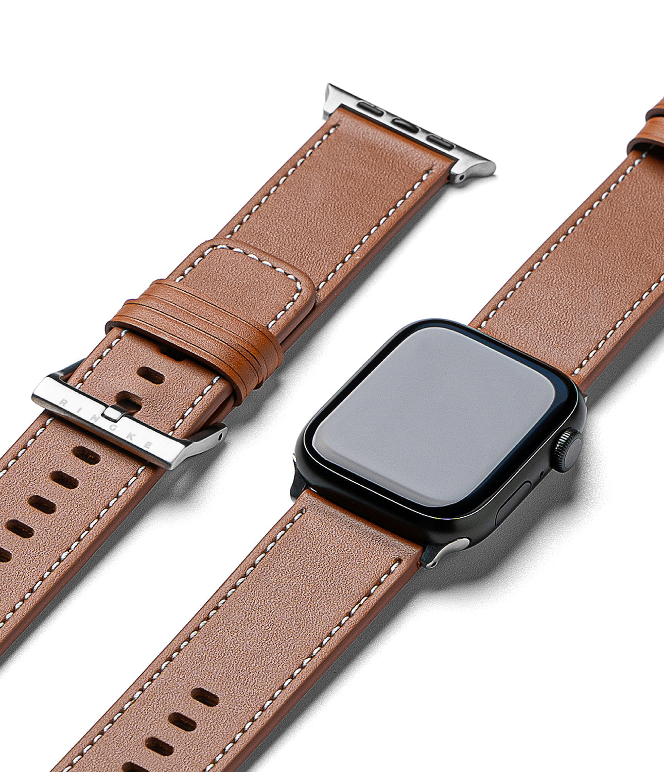 Apple Watch 49·46·45·44·42mm | Leather One Basic Bold - Brown leather watch band with white stitching and silver buckle.