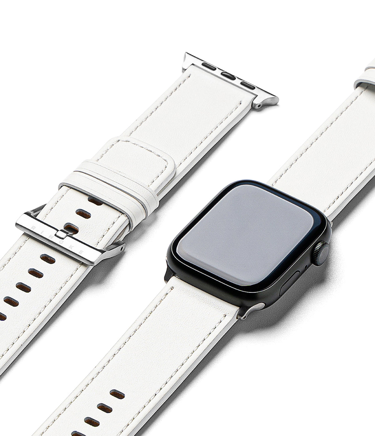 Apple Watch 49·46·45·44·42mm | Leather One Basic Bold - Black Apple Watch with a white leather strap on a white background.