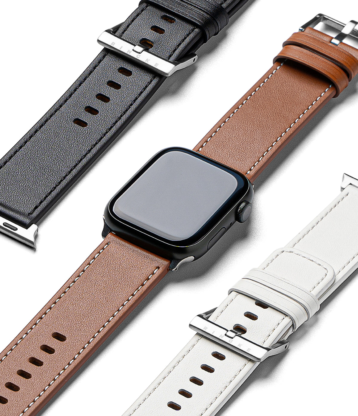 Apple Watch 49·46·45·44·42mm | Leather One Basic Bold - Black, brown, and white leather watch bands with silver buckles.