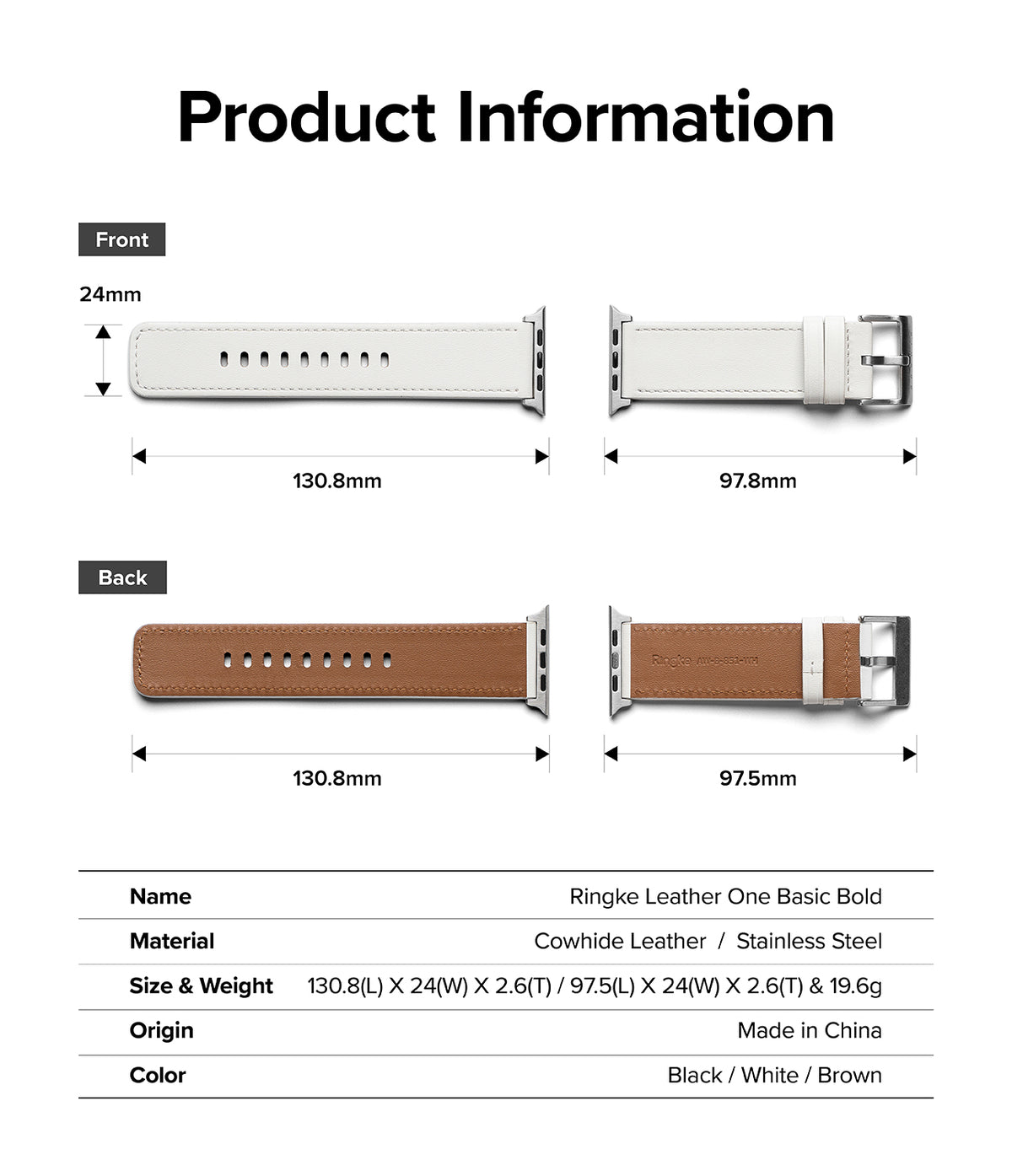 Apple Watch 49·46·45·44·42mm | Leather One Basic Bold - Technical diagram showing dimensions and materials of a watch strap.