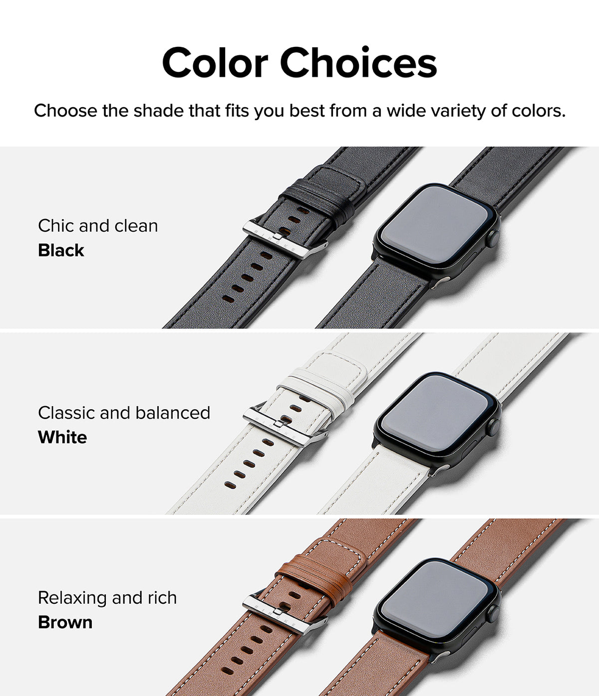 Apple Watch 49·46·45·44·42mm | Leather One Basic Bold - Three Apple Watches with black, white, and brown leather bands.