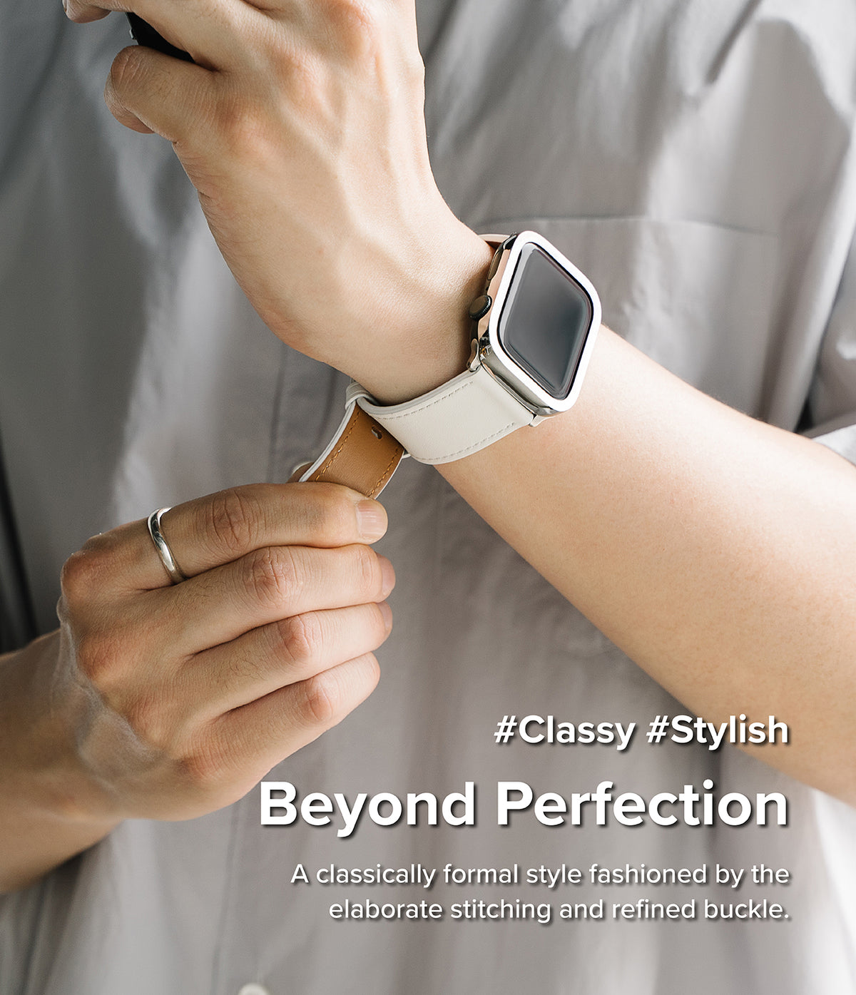 Apple Watch 49·46·45·44·42mm | Leather One Basic Bold - Person wearing a white leather watch band on an Apple Watch.