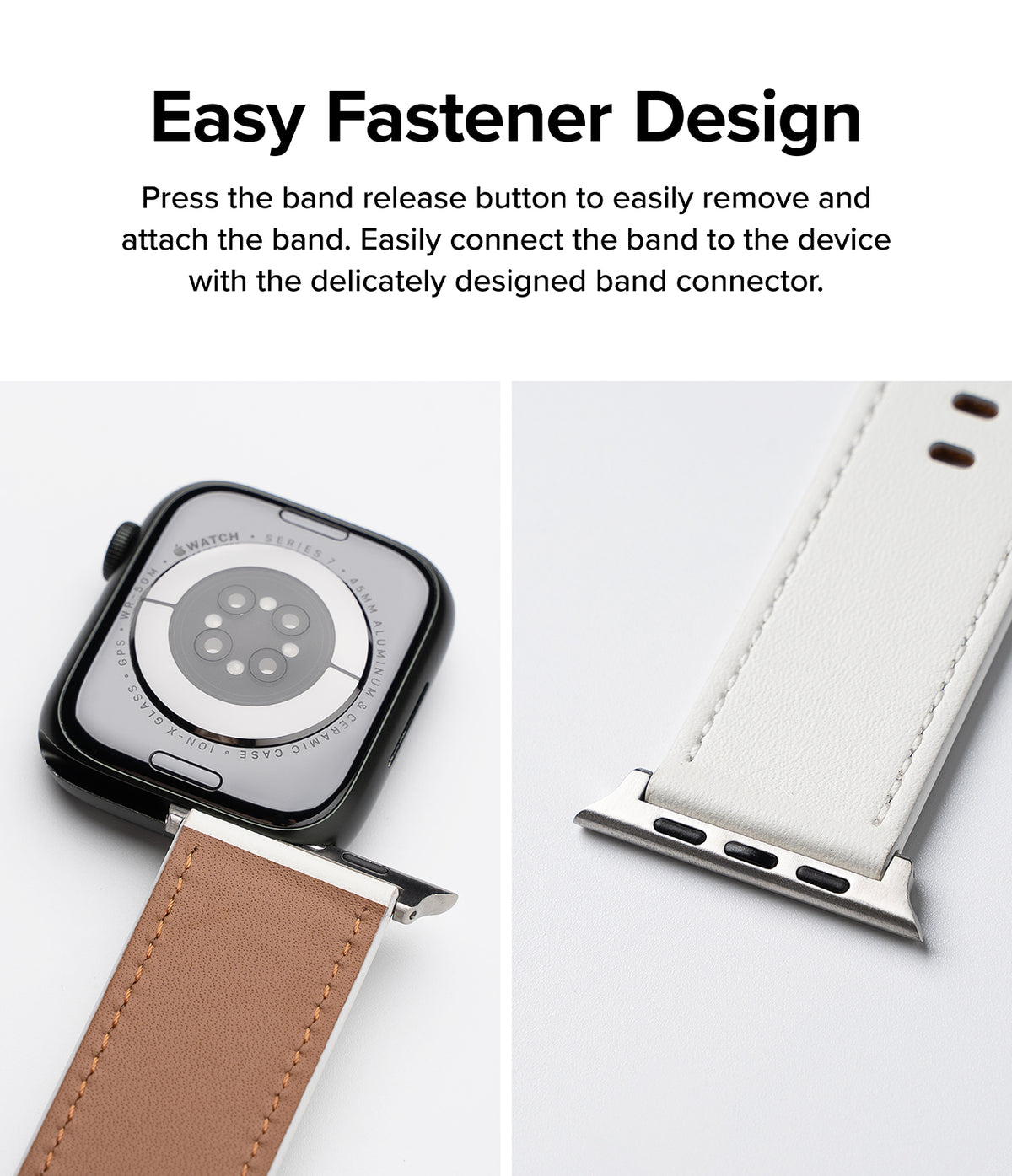 Apple Watch 49·46·45·44·42mm | Leather One Basic Bold - Close-up of a white leather watch band attaching to an Apple Watch.