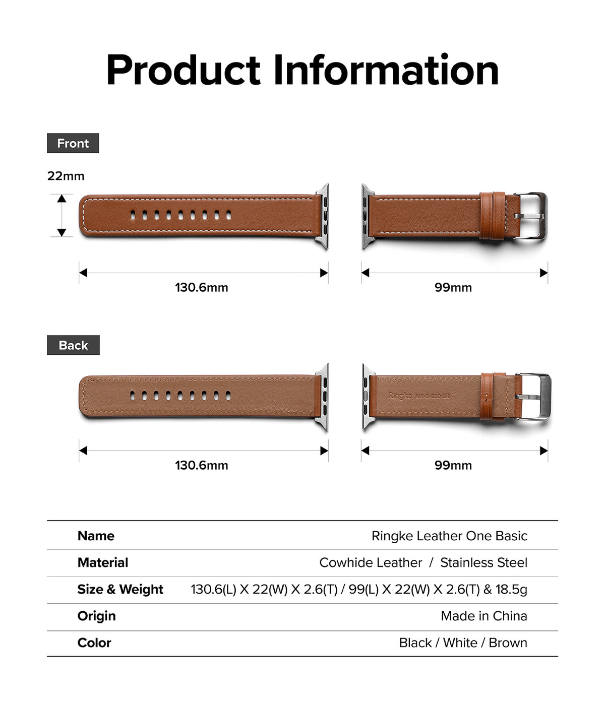 Apple Watch 49·46·45·44·42mm | Leather One Basic - Technical diagram showing dimensions and features of a brown leather watch strap.