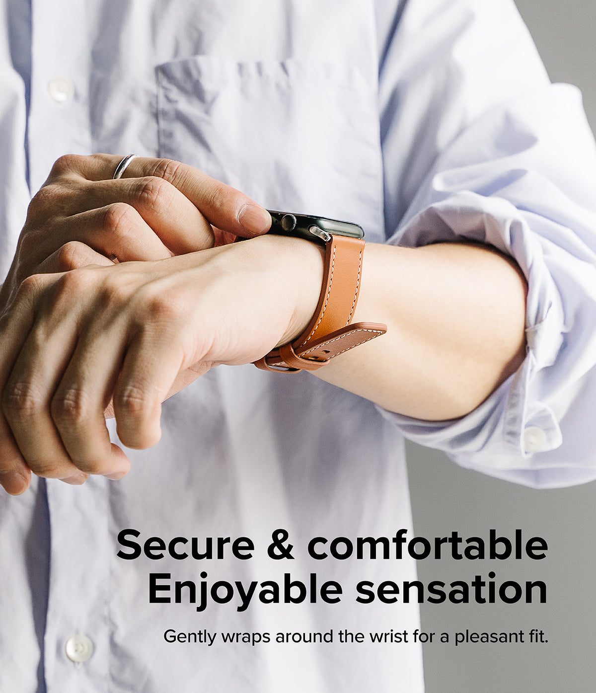 Apple Watch 49·46·45·44·42mm | Leather One Basic - Person wearing a tan leather watch band on an Apple Watch.