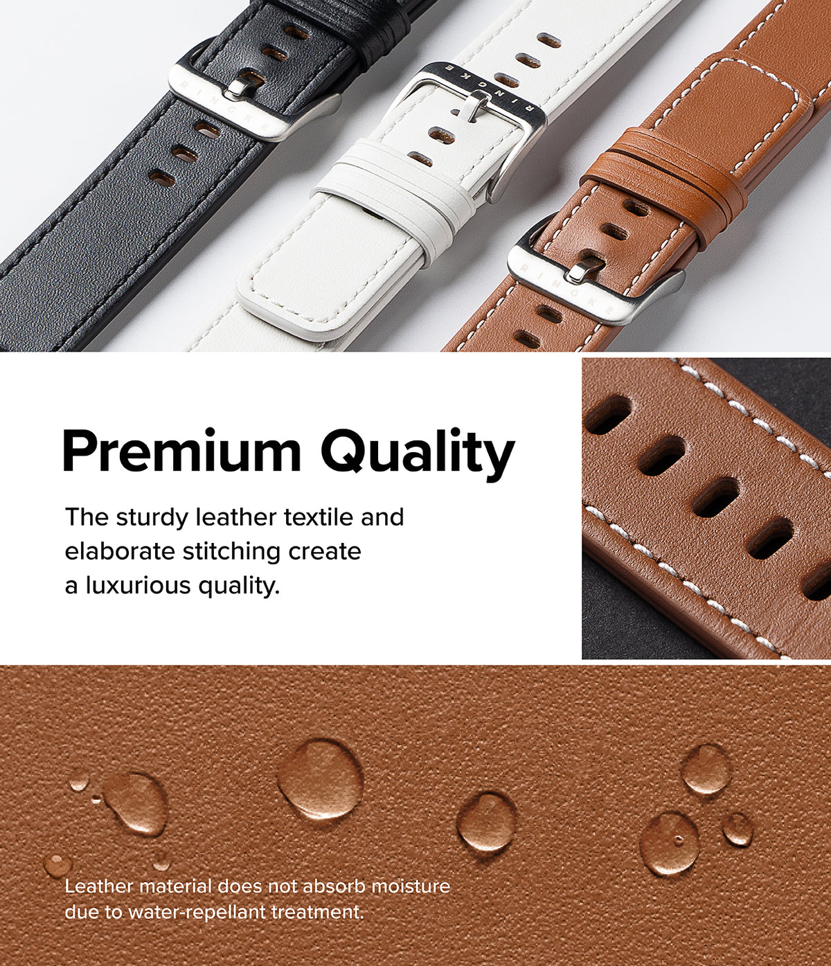 Apple Watch 49·46·45·44·42mm | Leather One Basic - Black, white, and brown leather watch straps with water-repellent texture.