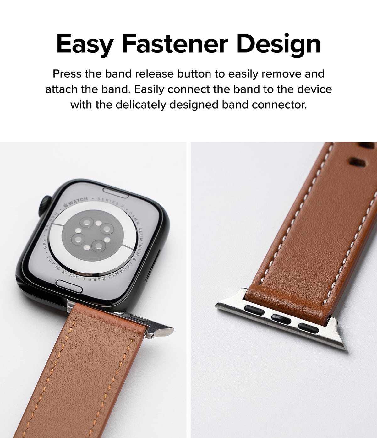 Apple Watch 49·46·45·44·42mm | Leather One Basic - Brown leather watch band with metal connector attaching to an Apple Watch.
