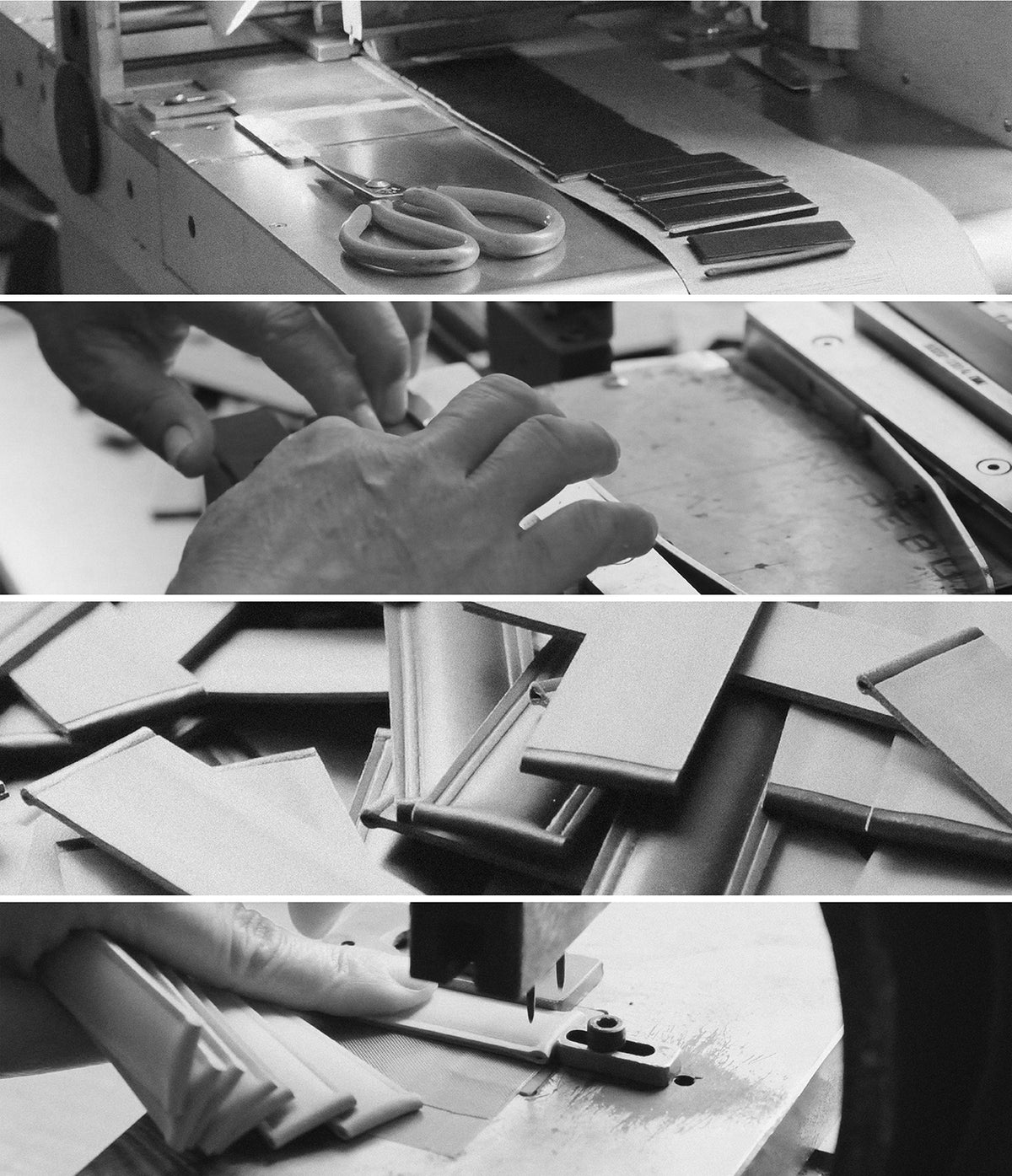 Apple Watch 49·46·45·44·42mm | Leather One Basic - Black and white collage showing leather watch band production.