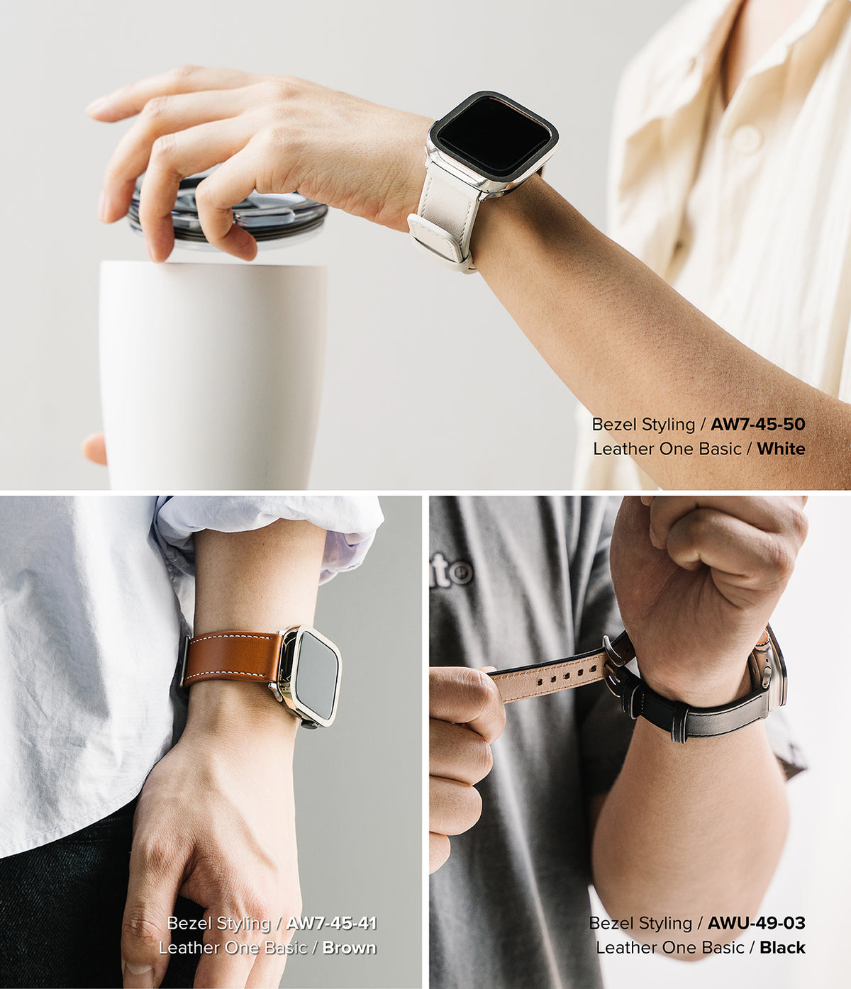 Apple Watch 49·46·45·44·42mm | Leather One Basic - Three views of Apple Watches with leather bands in white, brown, and black.
