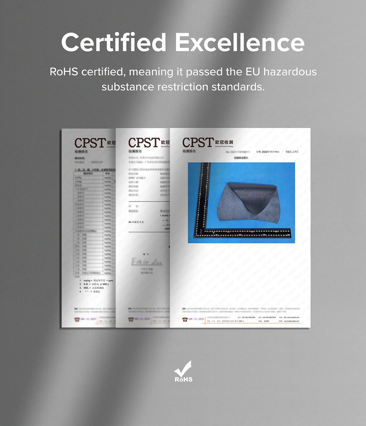 Apple Watch 49·46·45·44·42mm | Leather One Basic - Three CPST RoHS certification documents showing test data and a leather sample.