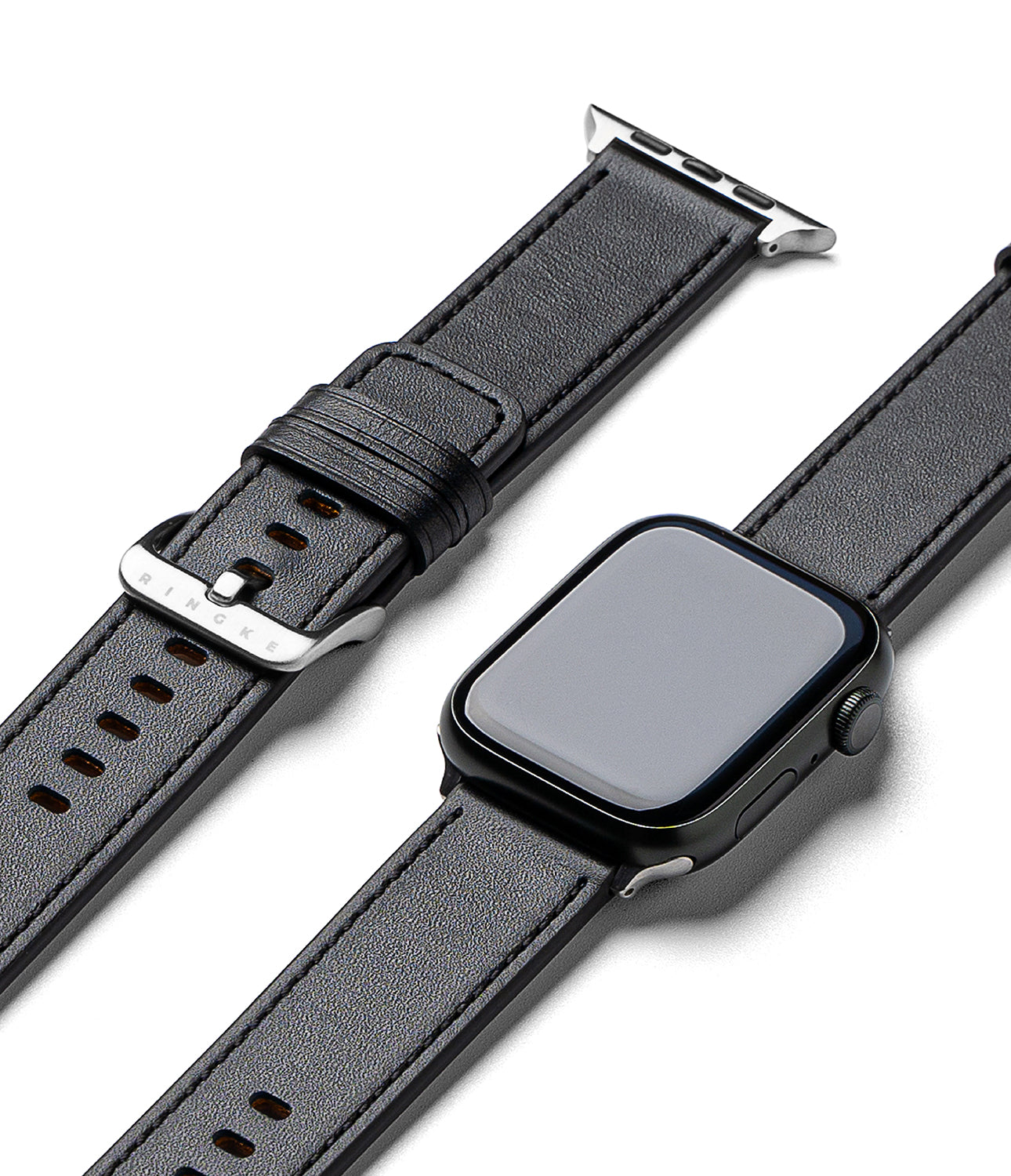 Apple Watch 49·46·45·44·42mm | Leather One Basic - Black leather watch band with silver buckle and Apple Watch case.