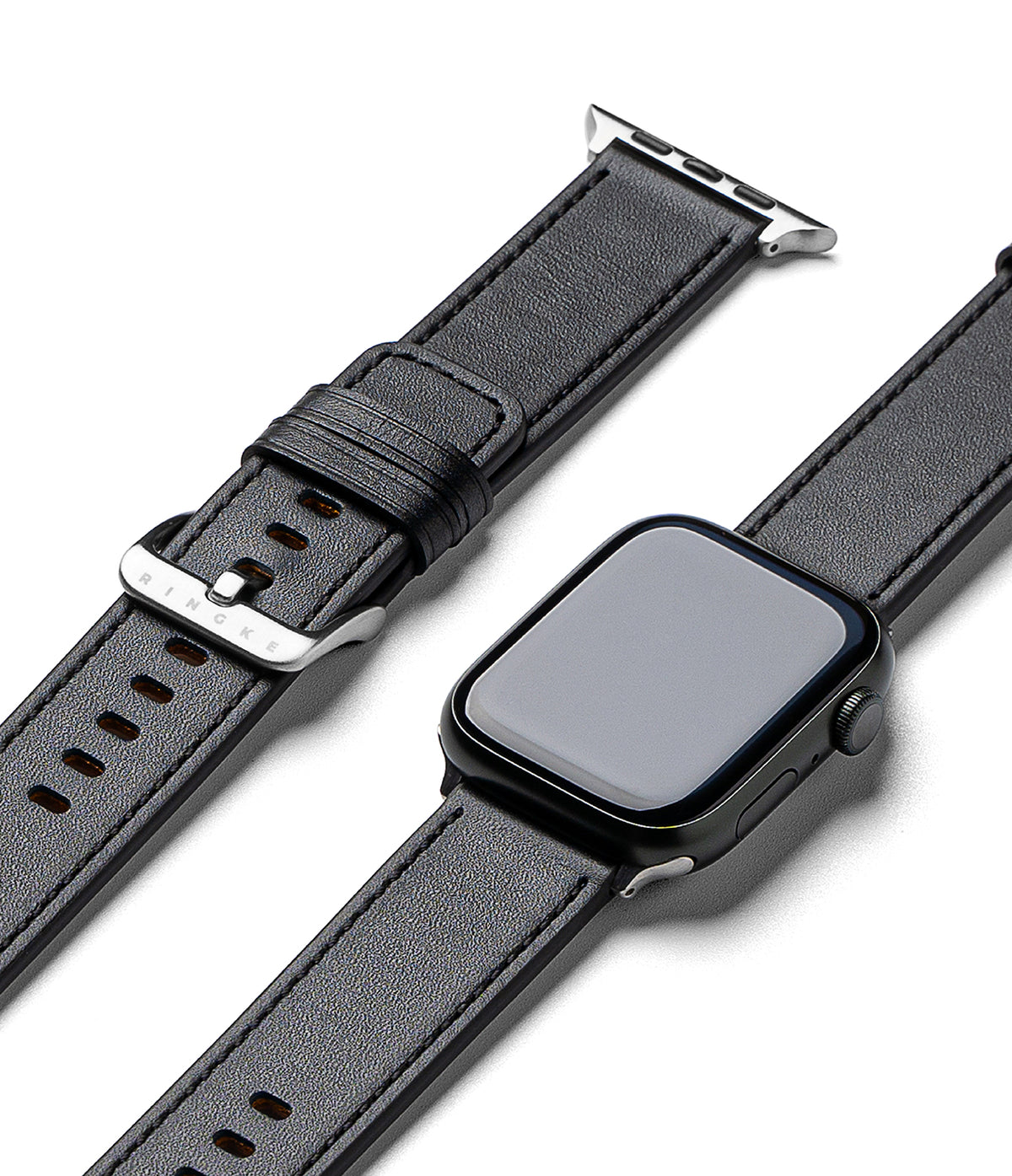 Apple Watch 49·46·45·44·42mm | Leather One Basic - Black leather watch band with silver buckle and Apple Watch case.