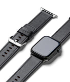 Apple Watch 49·46·45·44·42mm | Leather One Basic - Black leather watch band with silver buckle and Apple Watch case.