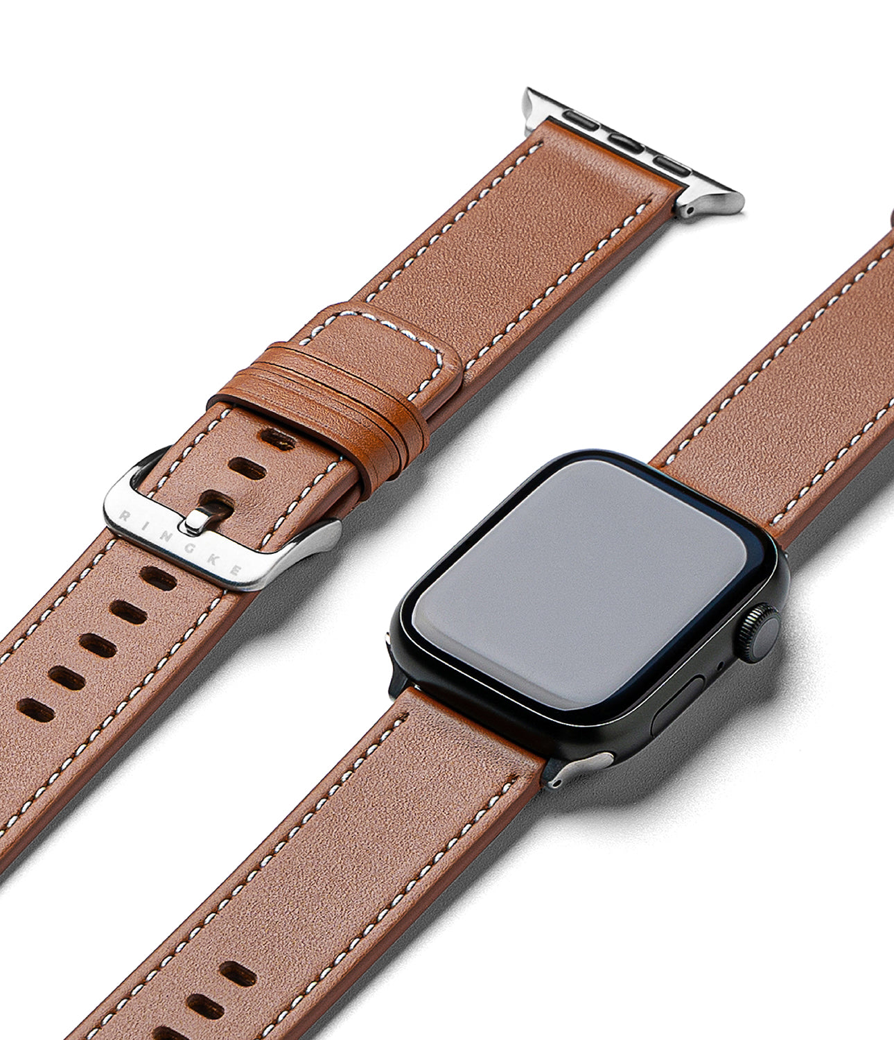 Apple Watch 49·46·45·44·42mm | Leather One Basic - Brown leather watch band with white stitching and silver buckle.