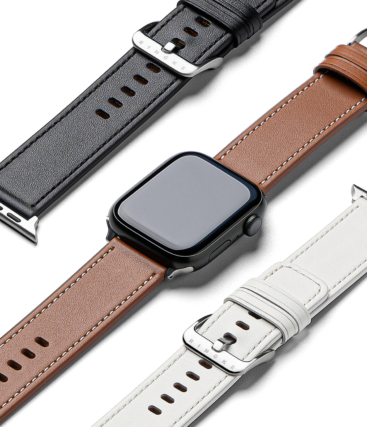 Apple Watch 49·46·45·44·42mm | Leather One Basic - Black, brown, and white leather watch bands with silver buckles.