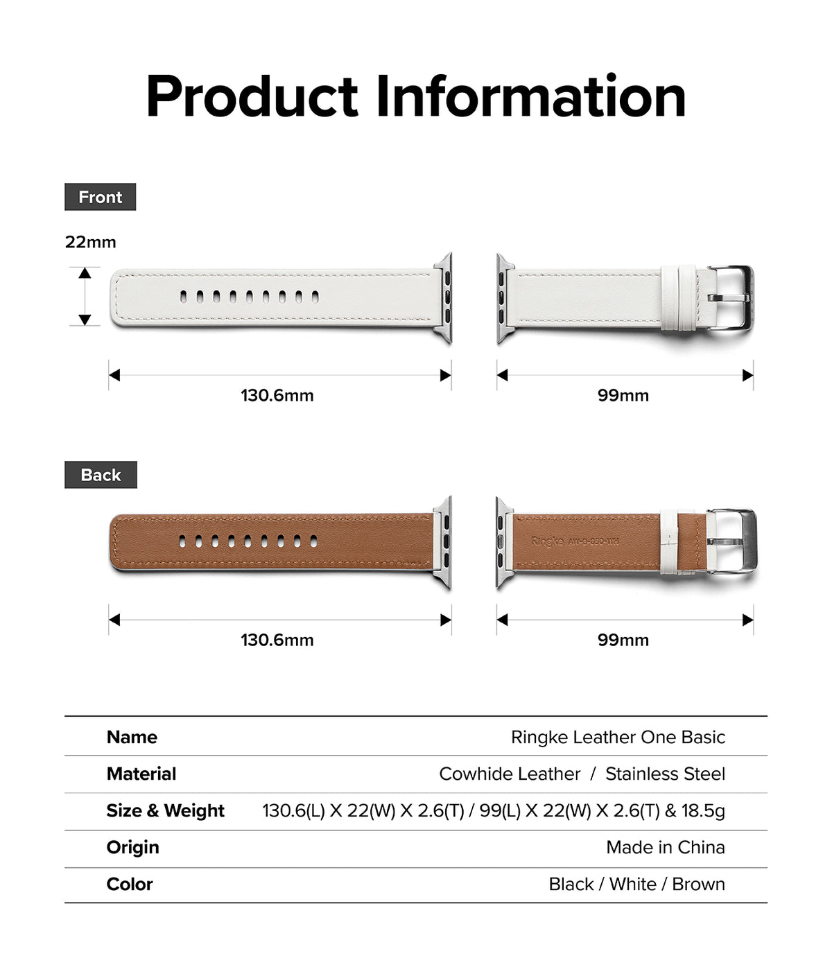Apple Watch 49·46·45·44·42mm | Leather One Basic - Technical diagram showing dimensions and front/back of white leather strap.