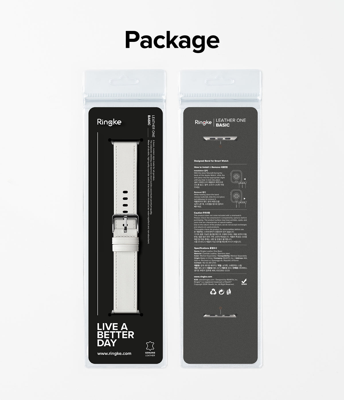 Apple Watch 49·46·45·44·42mm | Leather One Basic - Front and back view of white leather watch band in packaging.