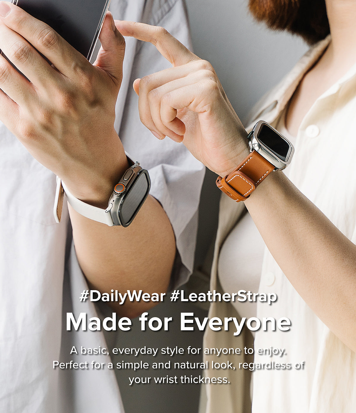 Apple Watch 49·46·45·44·42mm | Leather One Basic - Two people wearing Apple Watches with tan and white leather straps.