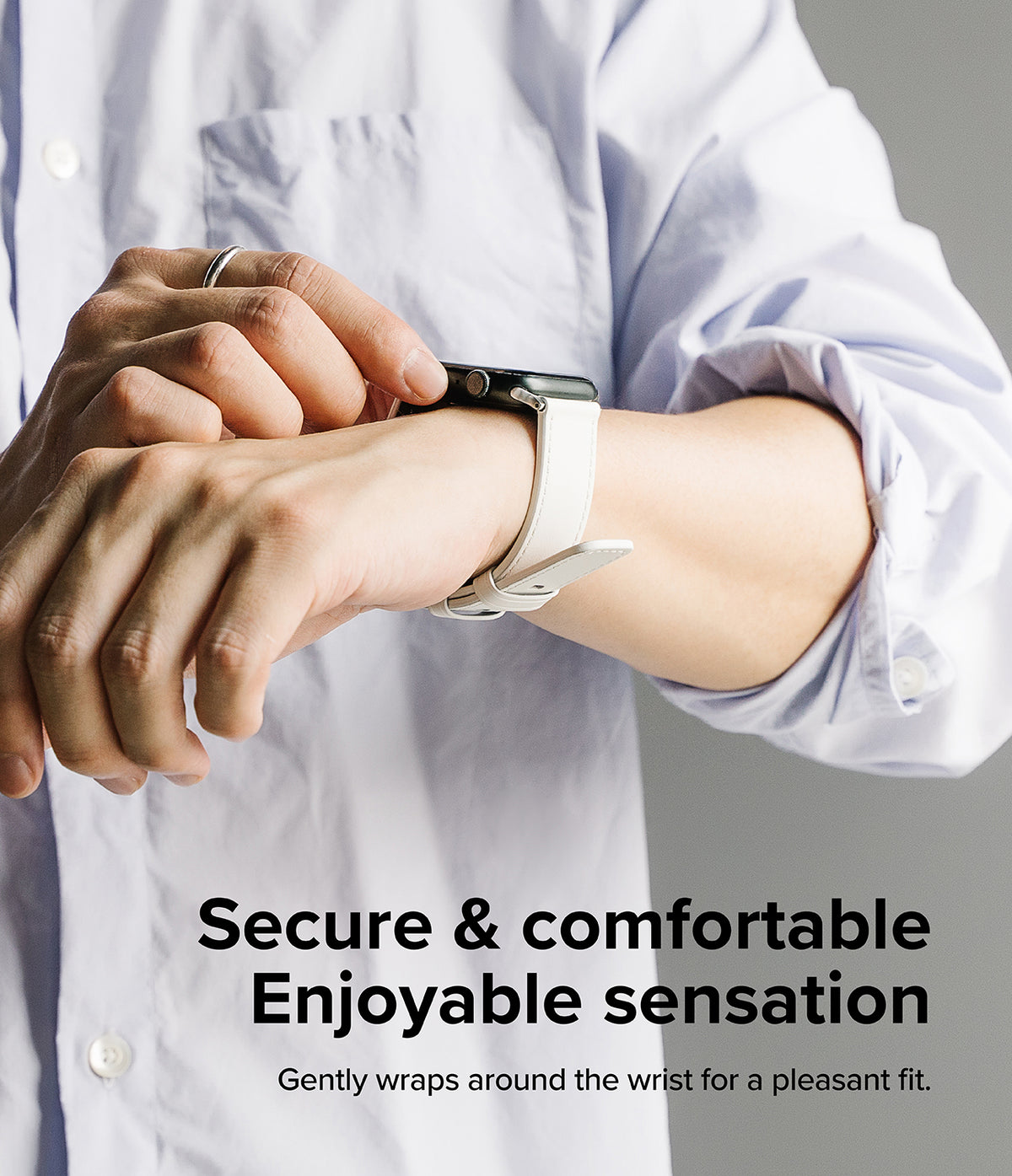 Apple Watch 49·46·45·44·42mm | Leather One Basic - Person wearing a white leather Apple Watch band on their wrist.