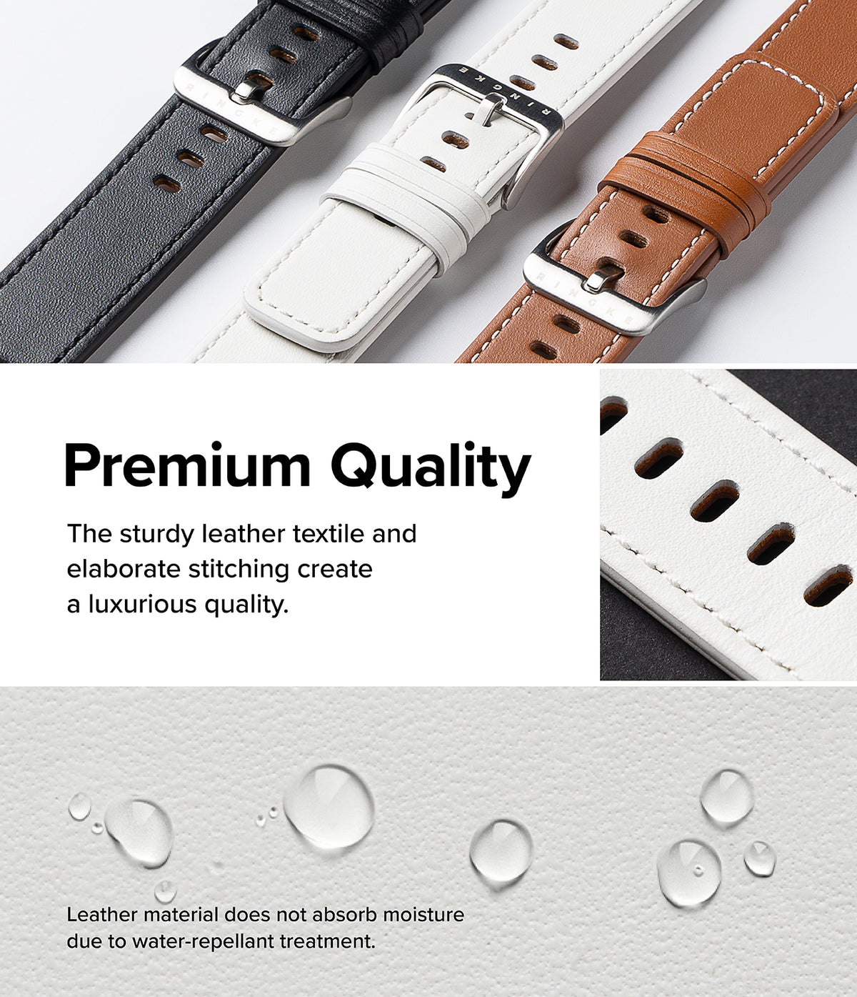 Apple Watch 49·46·45·44·42mm | Leather One Basic - Black, white, and brown leather watch straps with water-repellent texture.