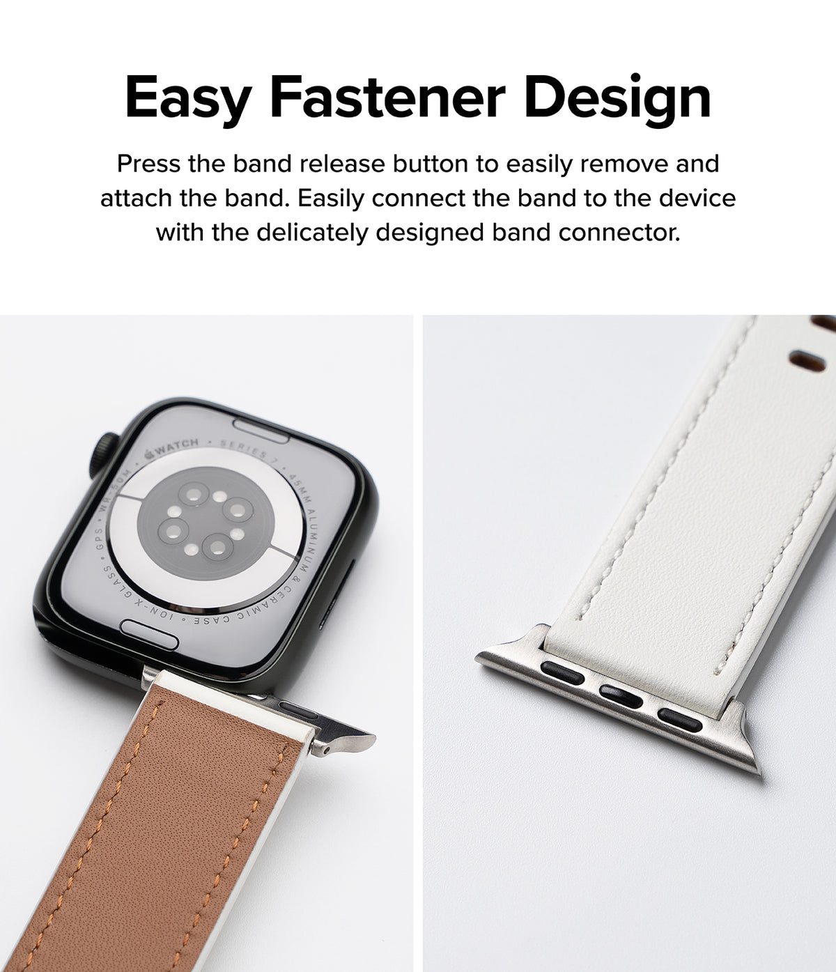 Apple Watch 49·46·45·44·42mm | Leather One Basic - Close-up of a white leather watch band attaching to an Apple Watch.