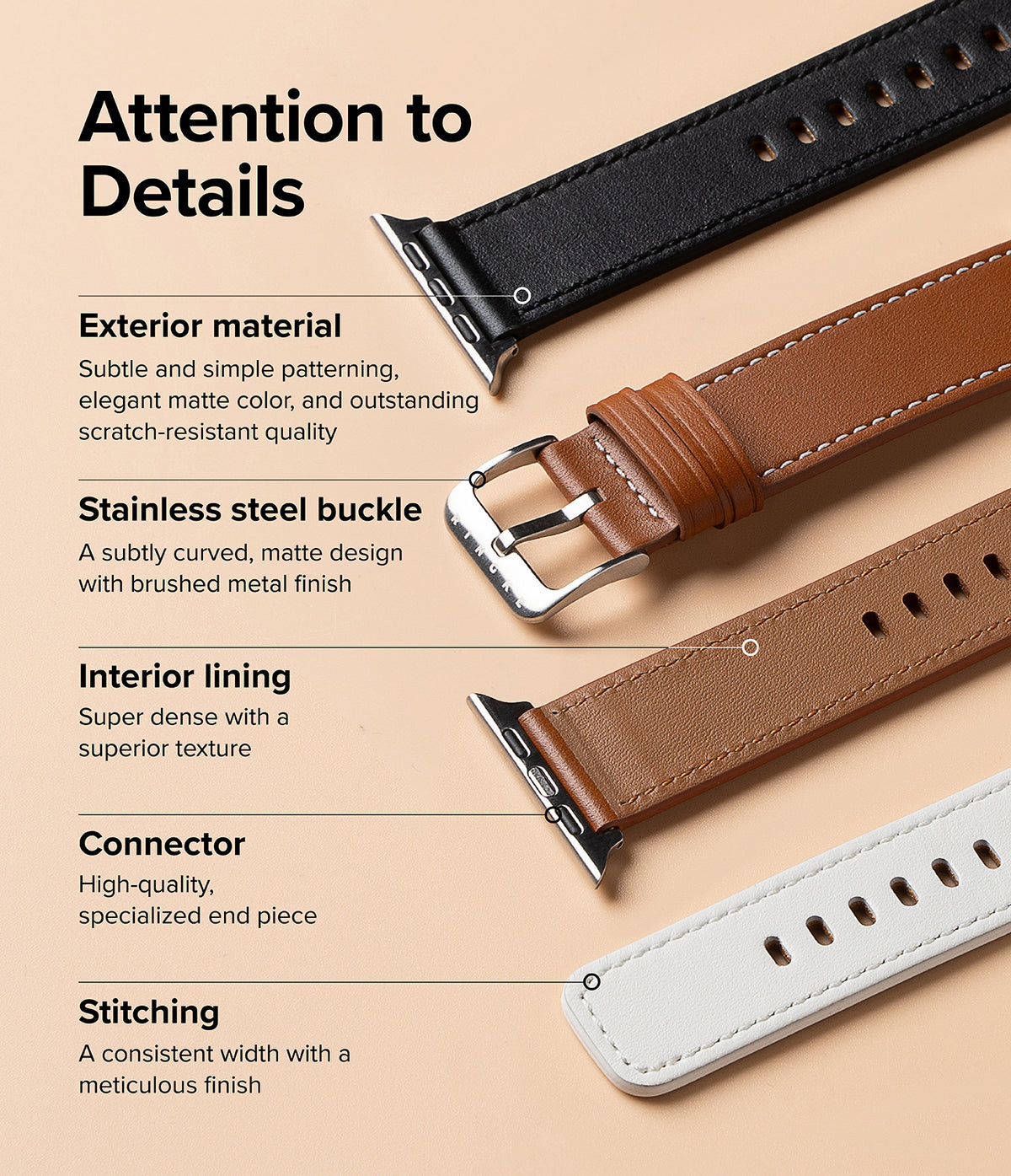 Apple Watch 49·46·45·44·42mm | Leather One Basic - Close-up of leather watch straps with labels highlighting material, buckle, lining, connector, and stitching.