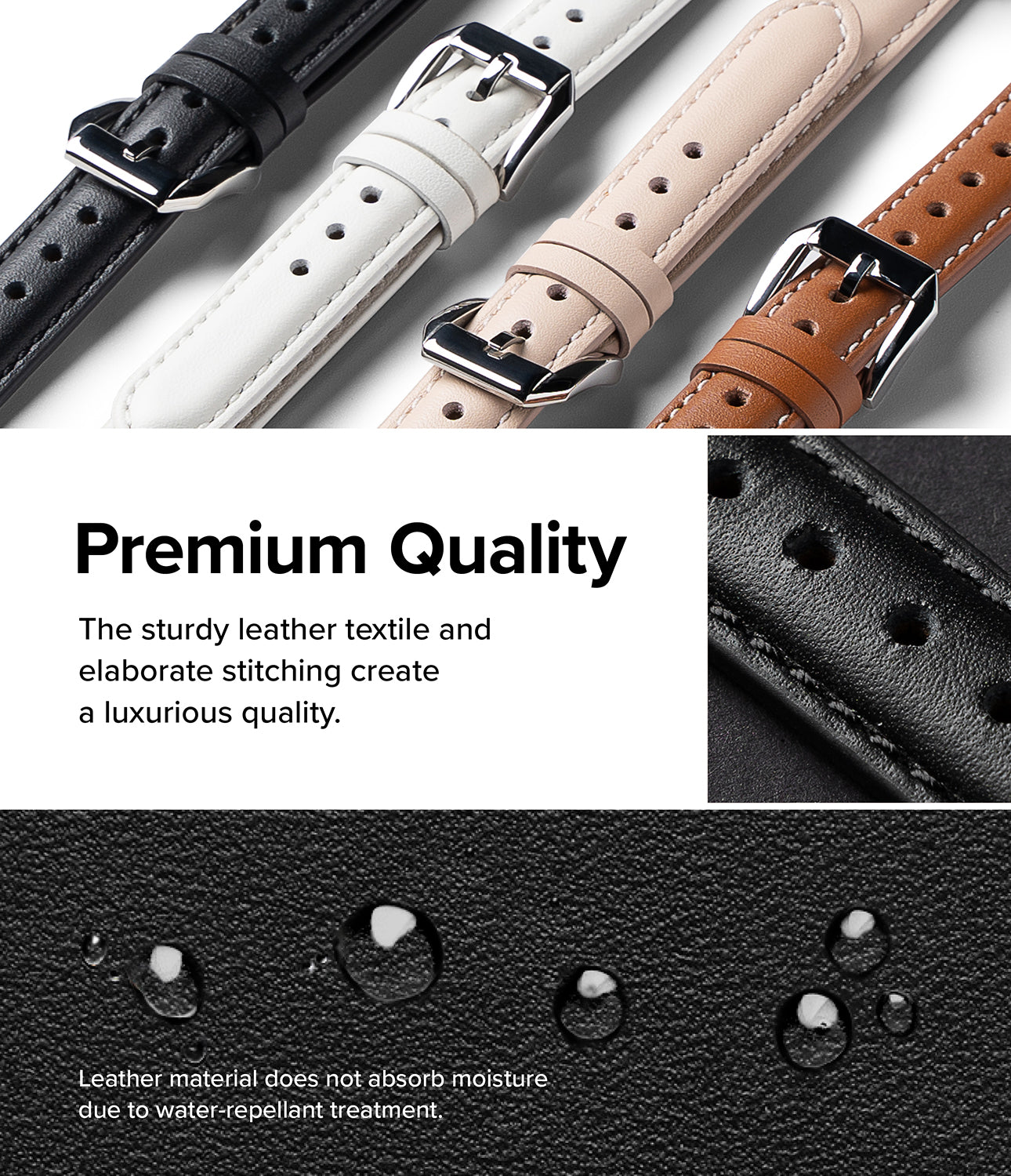 Apple Watch 42·41·40·38 mm | Leather One Padded Slim - Four colored leather watch straps with silver buckles and water beads.