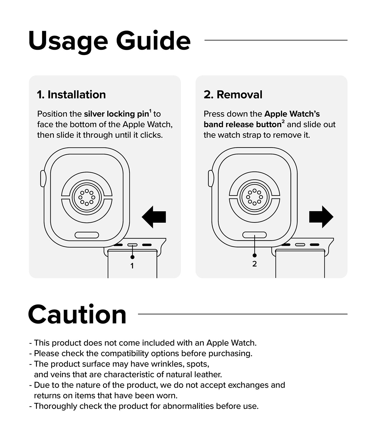 Apple Watch 42·41·40·38 mm | Leather One Padded Slim - Instructional diagram showing steps to install and remove a watch band.