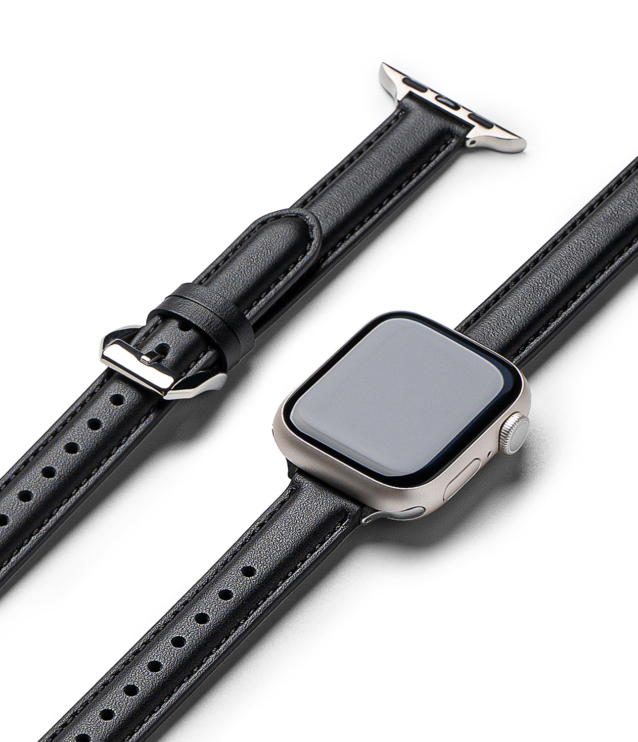 Apple Watch 42·41·40·38 mm | Leather One Padded Slim - Silver Apple Watch with a slim, black padded leather strap.