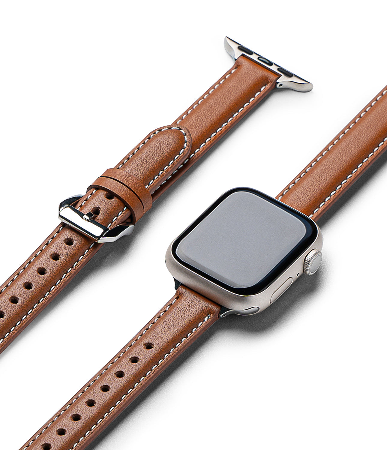 Apple Watch 42·41·40·38 mm | Leather One Padded Slim - Tan leather watch strap with white stitching and silver buckle.
