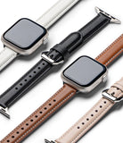 Apple Watch 42·41·40·38 mm | Leather One Padded Slim - Three Apple Watches with slim, padded leather straps in black, brown, and beige.