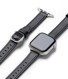 Apple Watch 42·41·40·38 mm | Leather One Slim Band - Silver Apple Watch with a slim black leather strap and buckle.