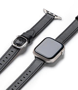 Apple Watch 42·41·40·38 mm | Leather One Slim Band - Silver Apple Watch with a slim black leather strap and buckle.