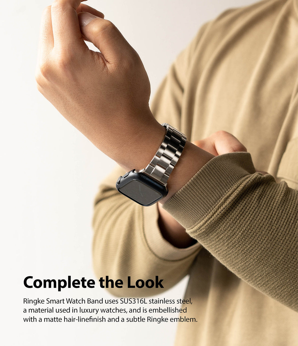 Apple Watch 49·46·45·44·42 mm | Metal One Band - Person wearing a silver stainless steel link watch band on wrist.