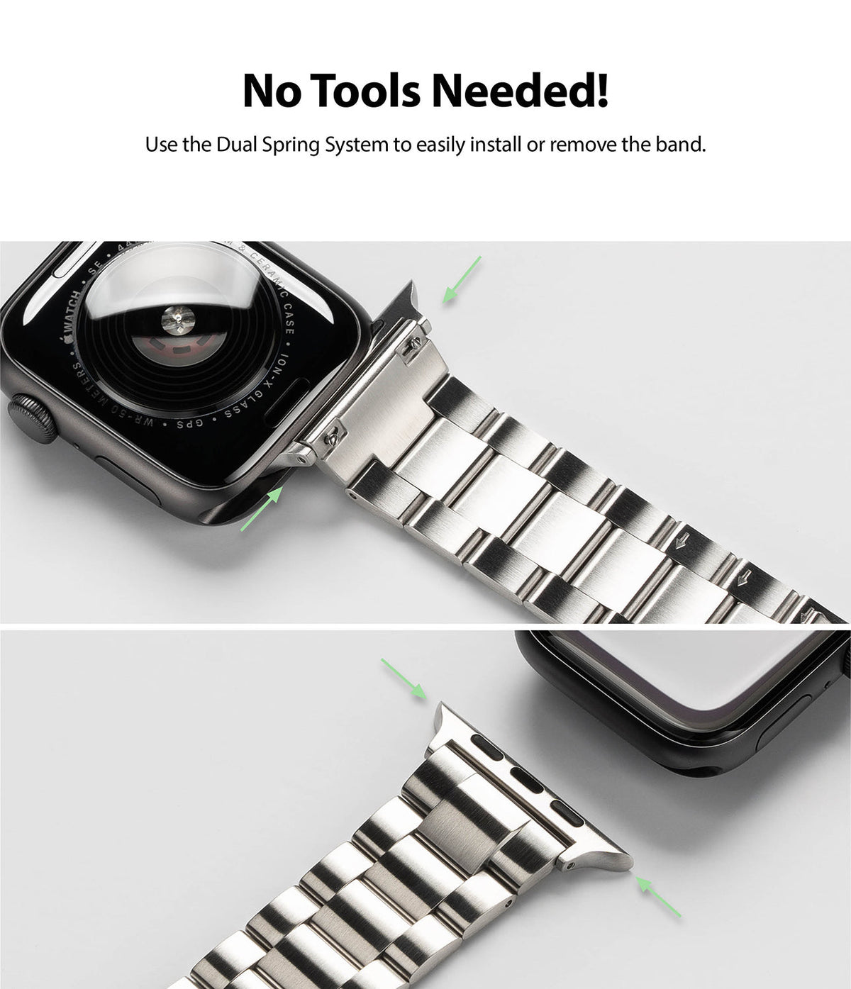 Apple Watch 49·46·45·44·42 mm | Metal One Band - Close-up of a metal watch band attaching to an Apple Watch with green arrows.