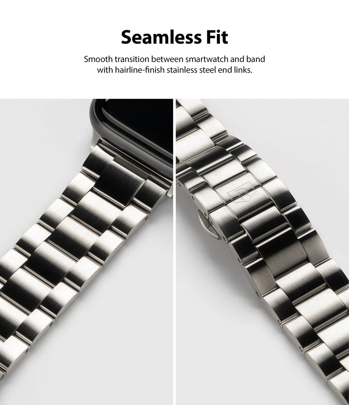 Apple Watch 49·46·45·44·42 mm | Metal One Band - Close-up of a brushed stainless steel watch band showing seamless end links.
