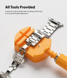 Apple Watch 49·46·45·44·42 mm | Metal One Band - Apple Watch Metal One Band - A silver metal watch band being resized using an orange plastic tool on a white background.