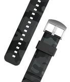Watch Lug 20mm | Rubber One Bold Band - Design - Watch Lug 20mm | Rubber One Bold Band - Black camouflage patterned rubber watch strap with a silver buckle and Ringke logo.
