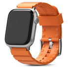 Apple Watch 49·46·45·44·42mm | Rubber One Bold Band - Silver Apple Watch with a bright orange textured rubber strap.