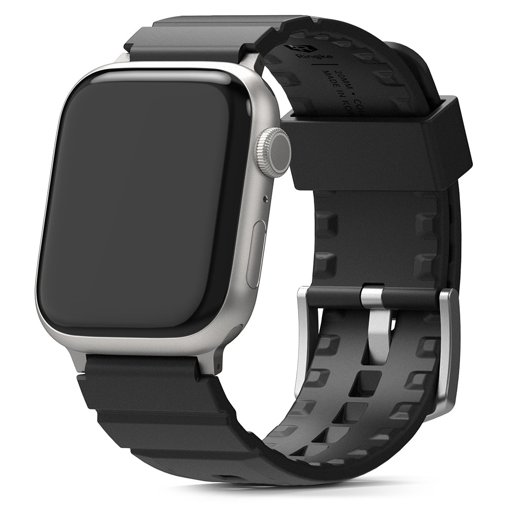 Apple Watch 49·46·45·44·42mm | Rubber One Bold Band - Silver Apple Watch with a textured black rubber strap.