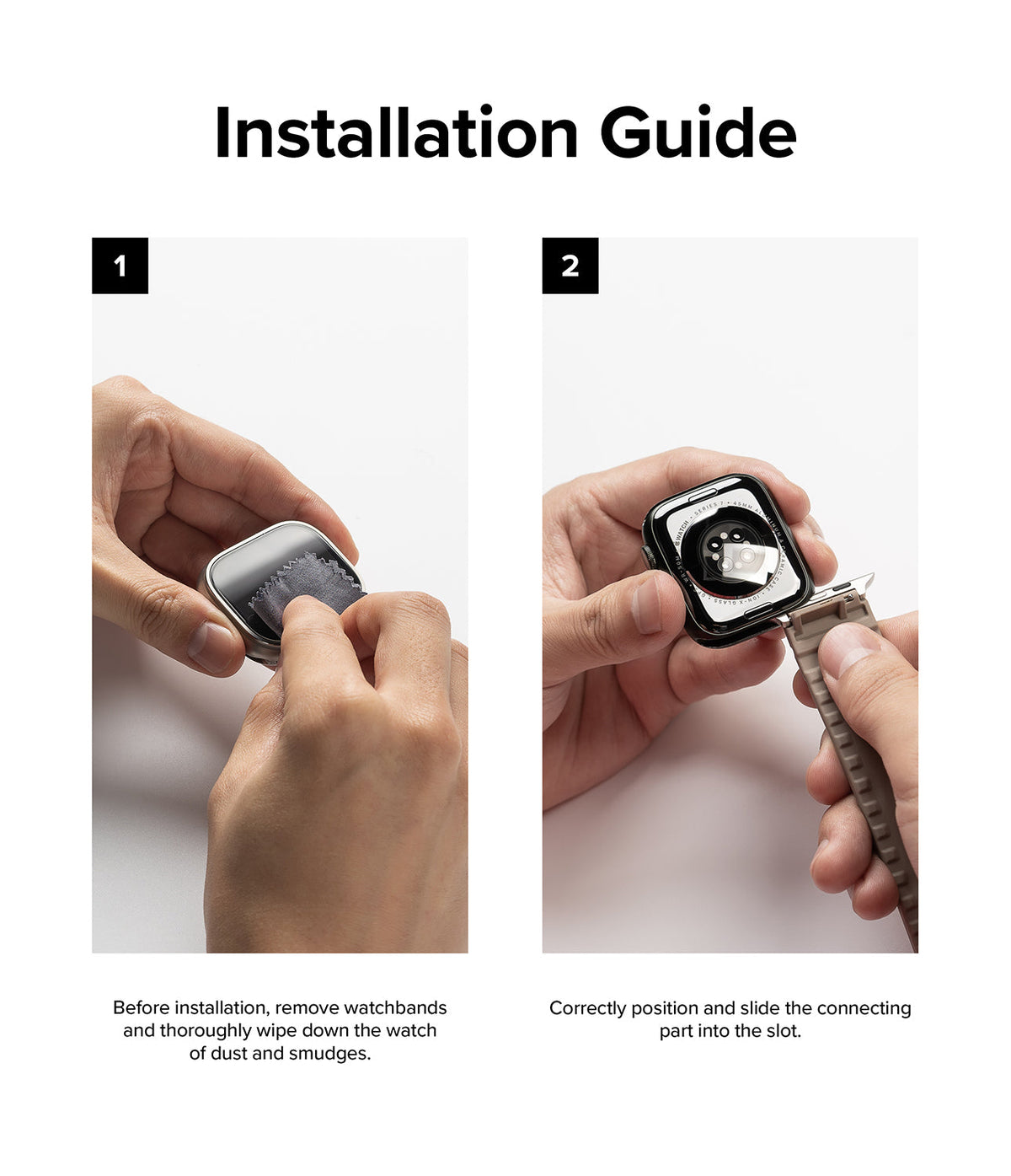 Apple Watch 49·46·45·44·42mm | Rubber One Bold Band - Two-step guide showing hands cleaning an Apple Watch and sliding on a band.
