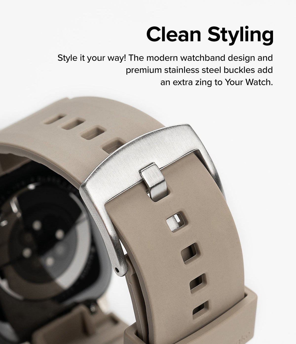 Apple Watch 49·46·45·44·42mm | Rubber One Bold Band - Close-up of a beige rubber watch band with a brushed steel buckle.