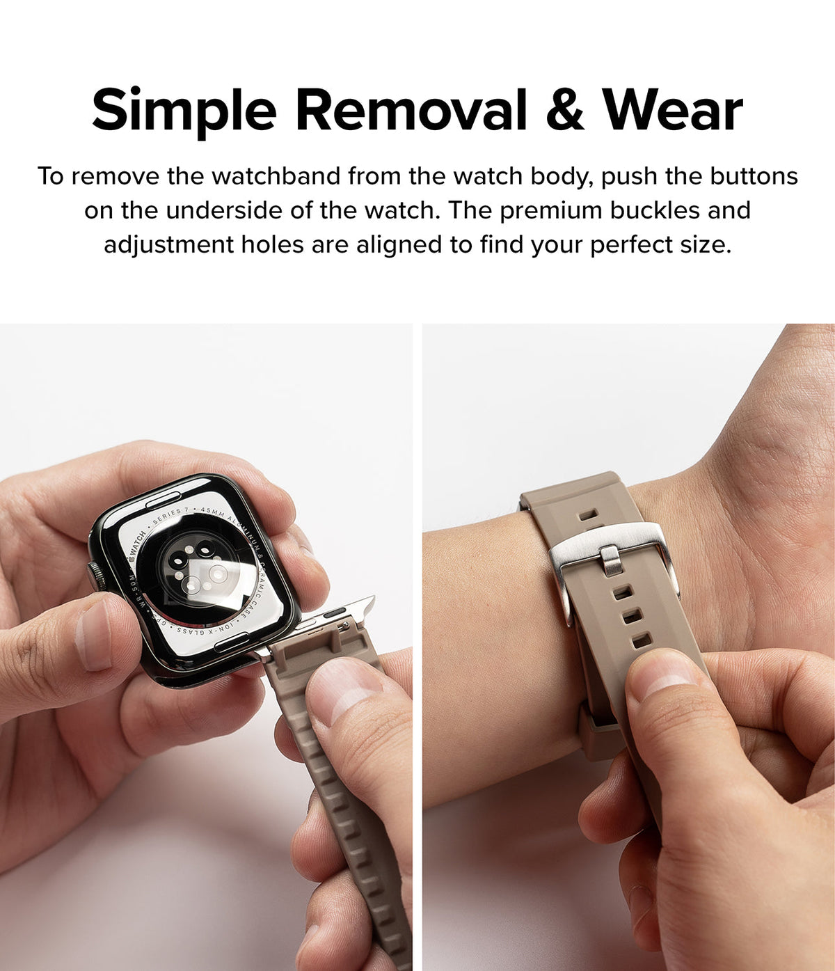 Apple Watch 49·46·45·44·42mm | Rubber One Bold Band - Hands demonstrating how to detach the watch band and buckle it.