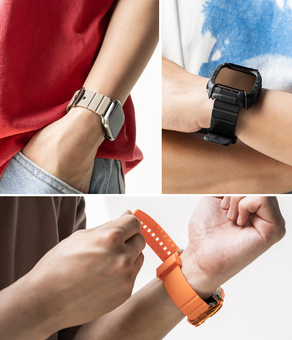 Apple Watch 49·46·45·44·42mm | Rubber One Bold Band - Three views of wrists wearing Apple Watches with colorful rubber bands.