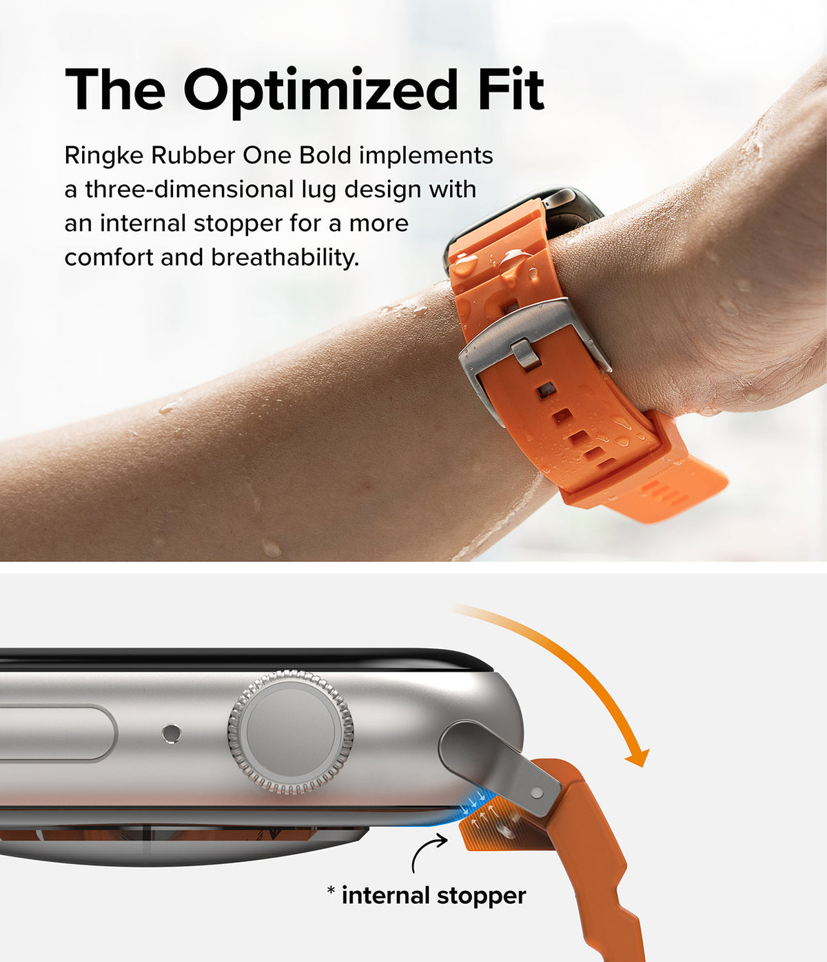 Apple Watch 49·46·45·44·42mm | Rubber One Bold Band - Orange rubber watch band on wrist and diagram of lug stopper.
